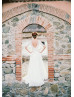 Elbow Sleeve Beaded Ivory Lace Chiffon Wedding Dress